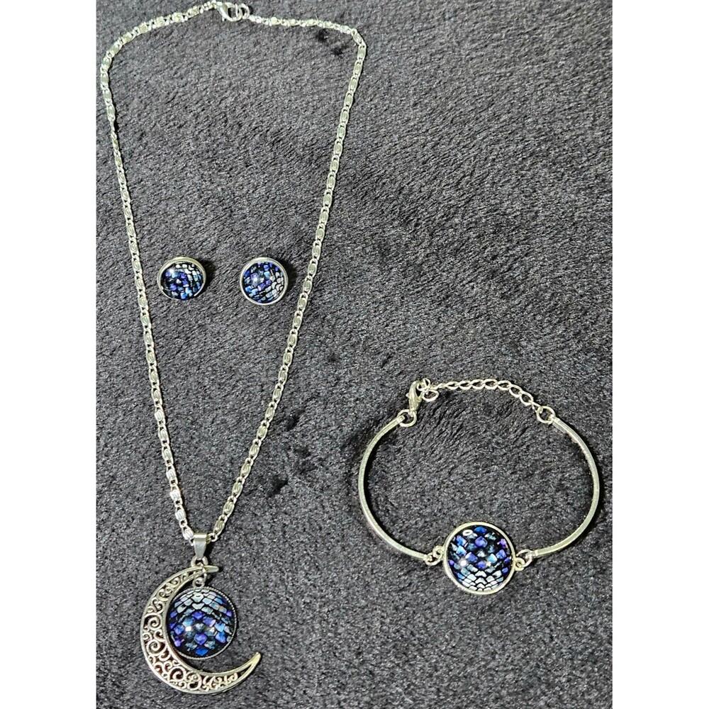 Moon Pendant Necklace, Earrings, Bracelet with Purple and Blue Scale Design Set